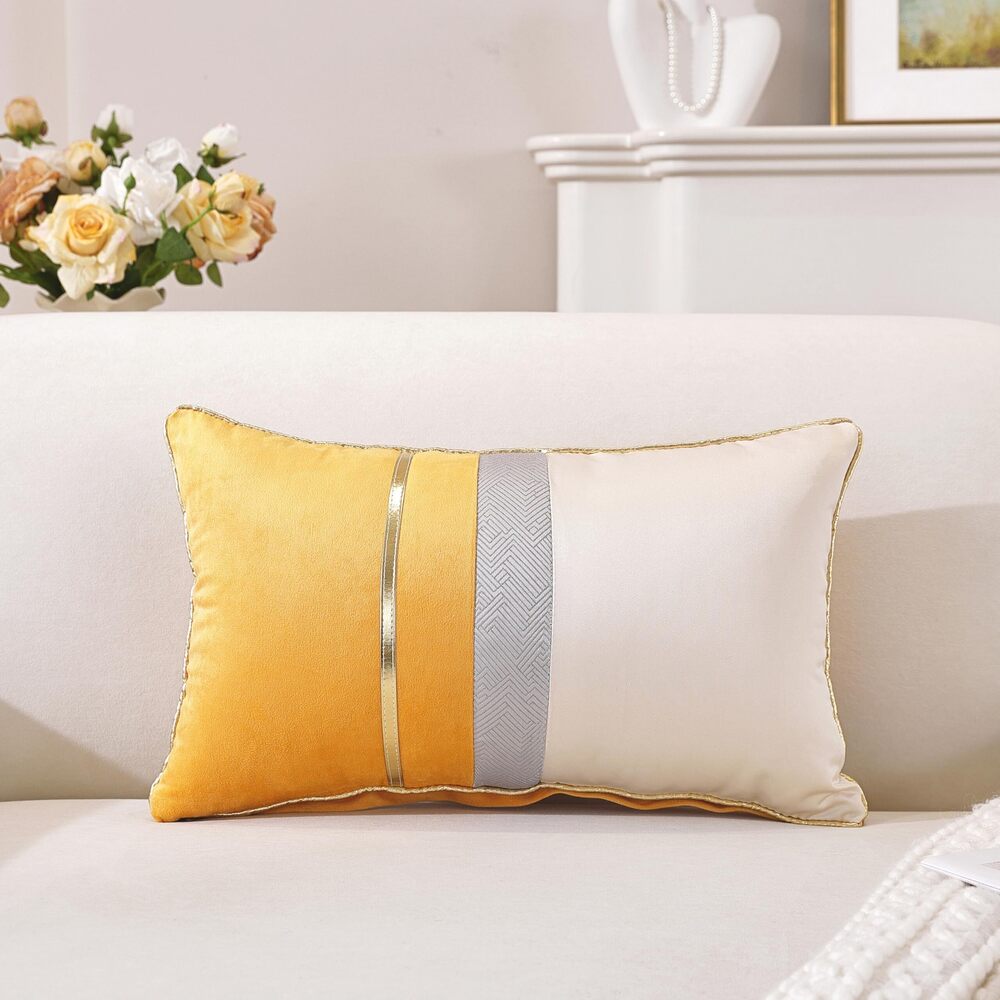 2875 Pack of 2, Yellow Beige Patchwork Velvet Throw Pillow Cover with Gold